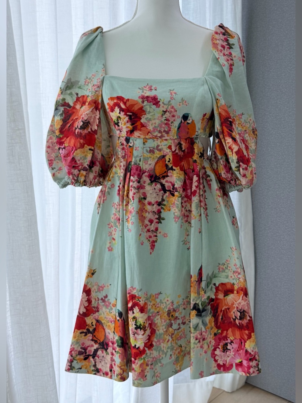 Zimmermann Mint Floral Puff-Sleeve Midi Dress with Red and Pink Blooms